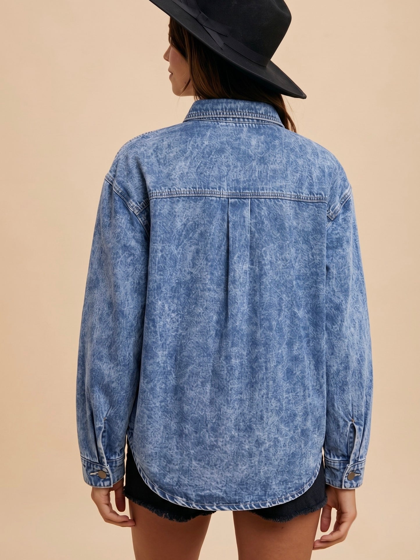 Horse Embroidery Washed Denim Shacket