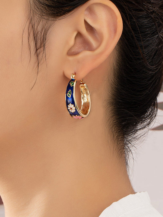 Black Cloisonne Flower Hoop Earrings
