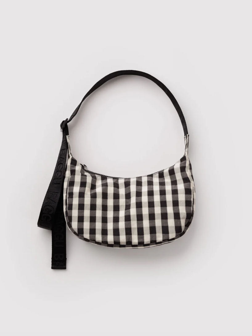 Black and Cream Gingham Small Nylon Crescent Bag