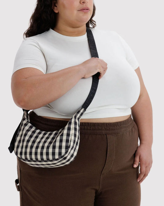 Black and Cream Gingham Small Nylon Crescent Bag