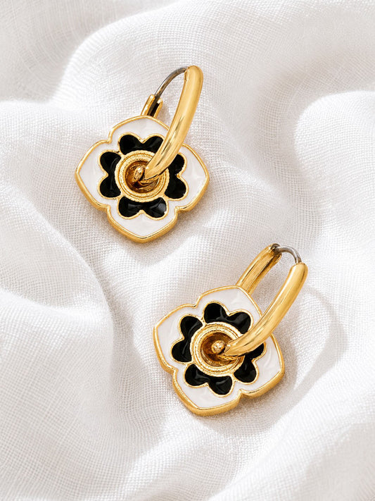 Black and White Flower Hoop Earrings