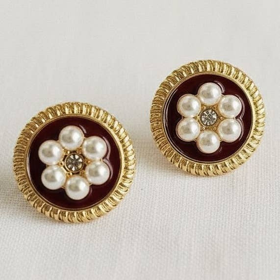 Dark Red Vintage Floral Earrings