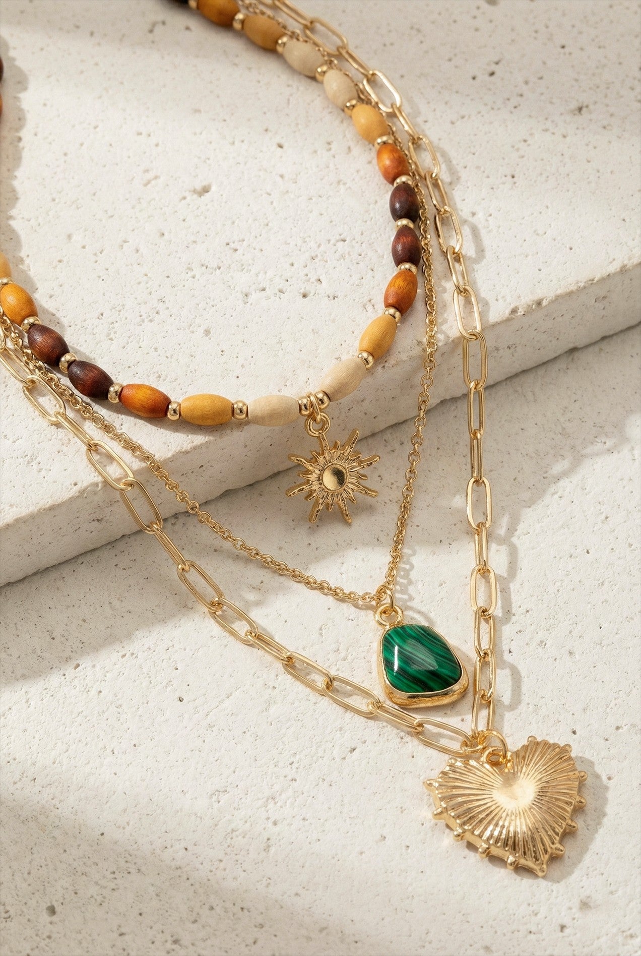 Layered Wood Bead Charm Necklace