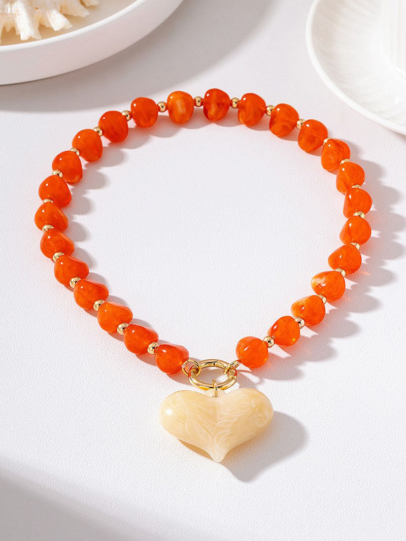 Orange Boho Heart Pendant Necklace