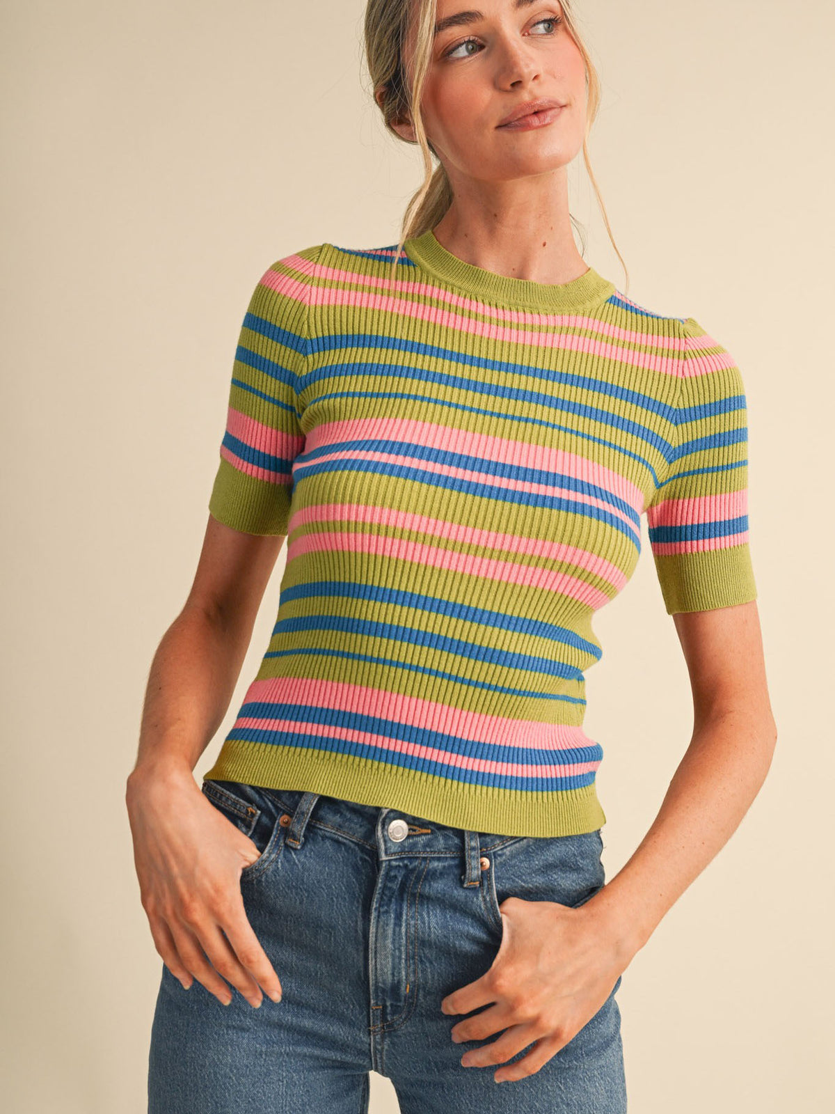 Rocky Short Sleeve Stripe Sweater Top