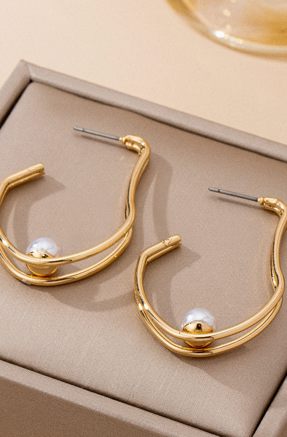 Double Wave Pearl Hoop Earrings
