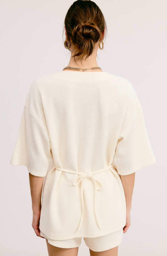 Ivory Knit Tunic Wrap Top and Shorts Set