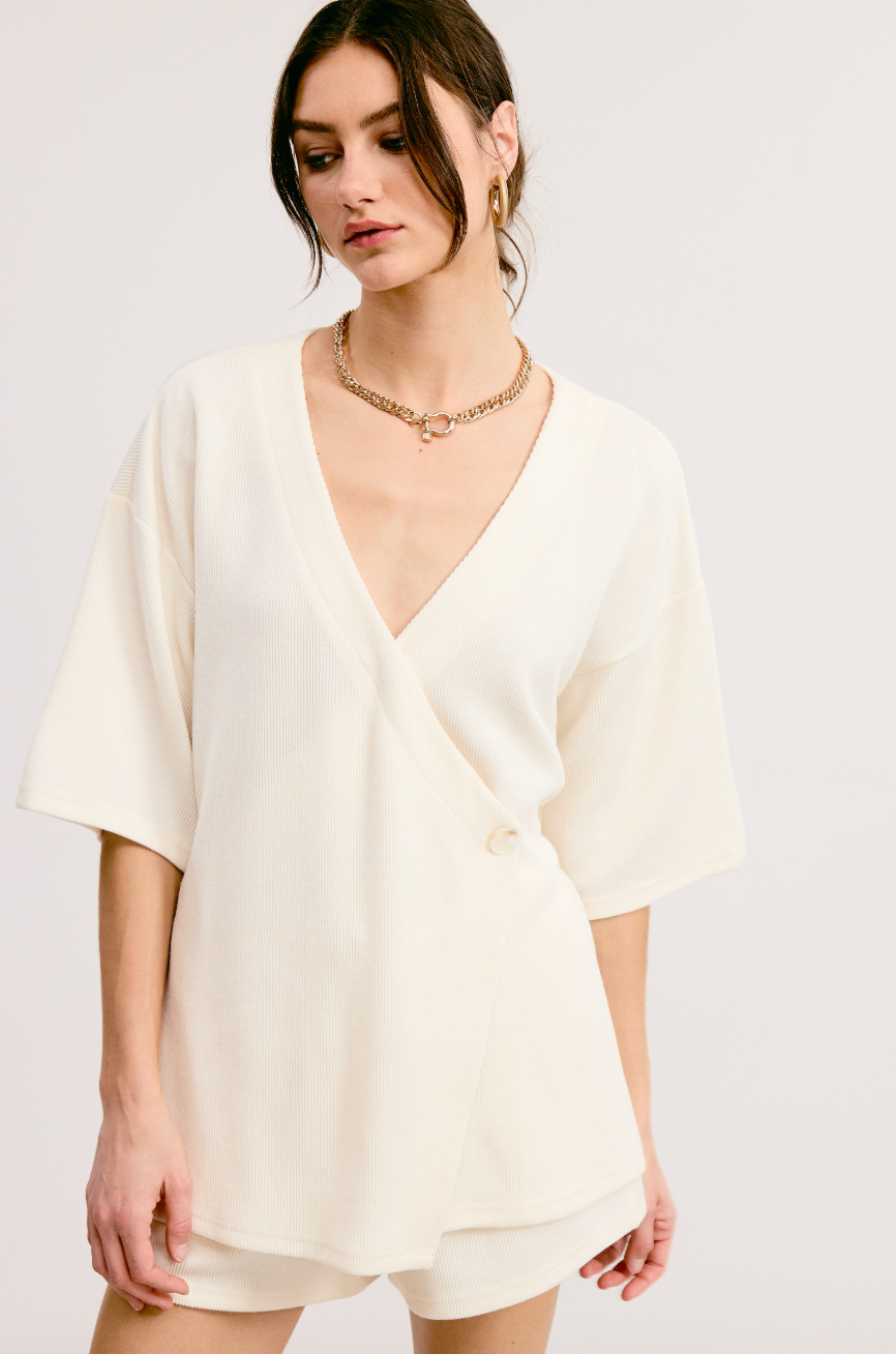 Ivory Knit Tunic Wrap Top and Shorts Set