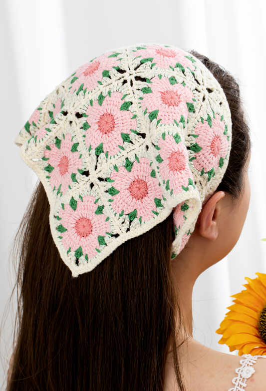 Peachy Pink Flower Crochet Bandana