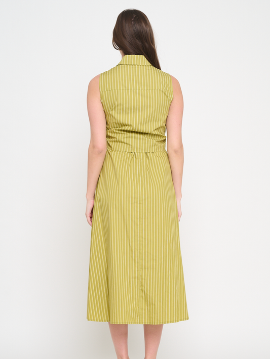 Olive Stipe Poplin Tie Shirt Dress