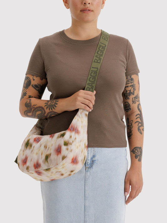 Abstract Floral Medium Nylon Crescent Bag