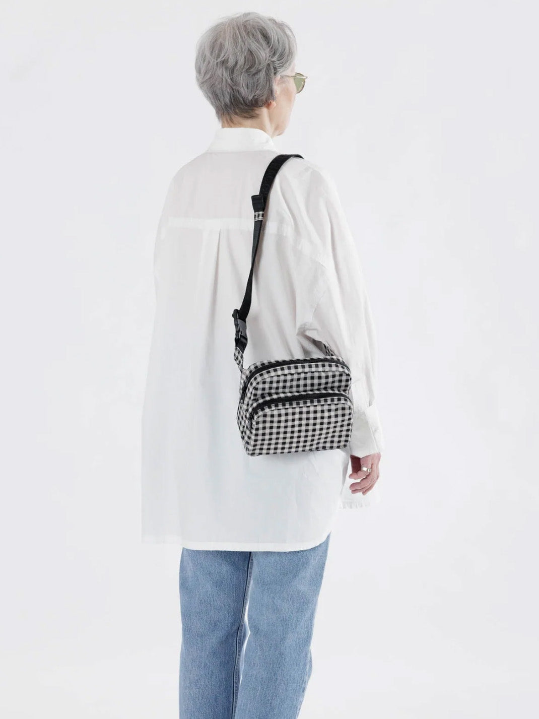 black + white gingham fanny pack