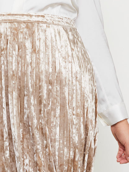 Champagne Pleated Velvet Midi Skirt