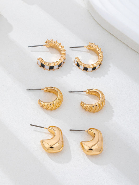 Checker Textured Huggie Hoop Earrings Trio