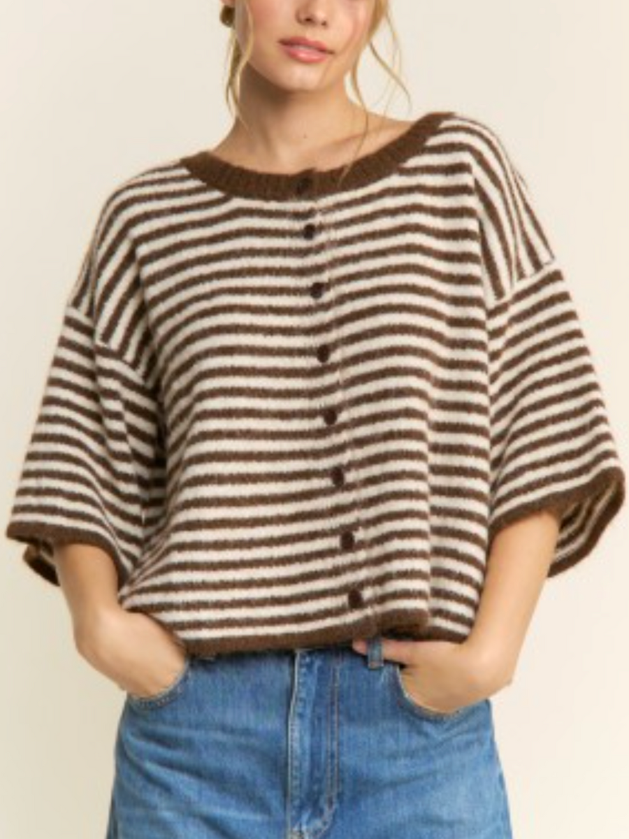 coffee striped short sleeve cardigan