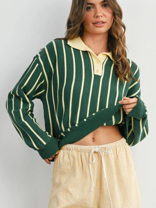 evergreen striped polo sweater