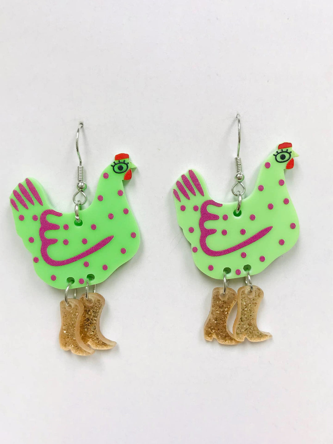 Lime Hen in Boots Earrings