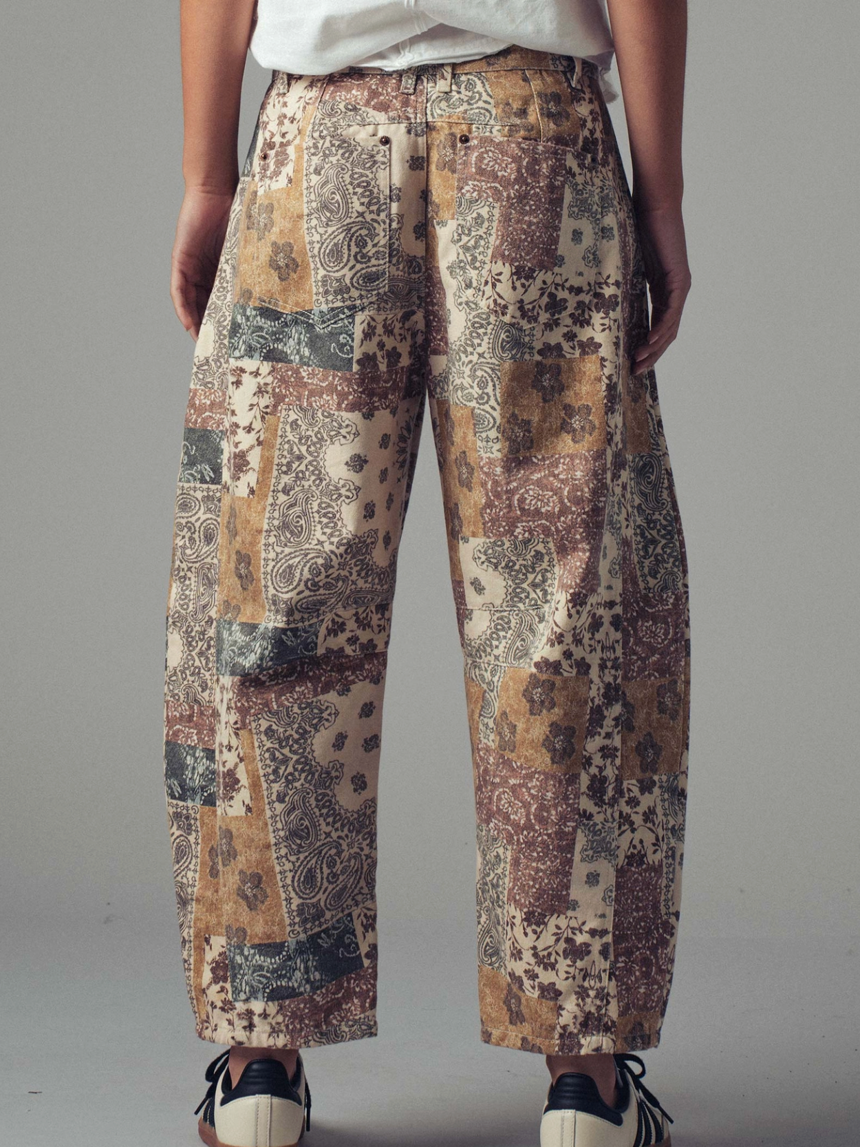 moody patchwork barrel jeans