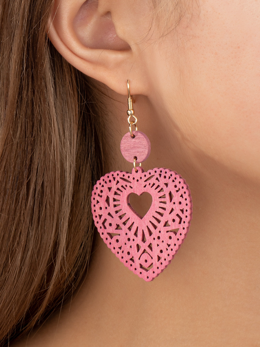 pink heart wooden earrings
