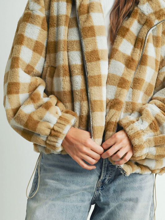 taupe plaid fuzzy jacket