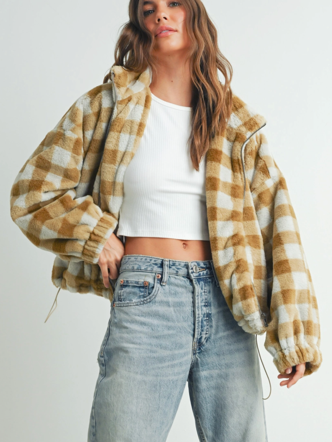 taupe plaid fuzzy jacket