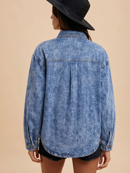 Horse Embroidery Washed Denim Shacket