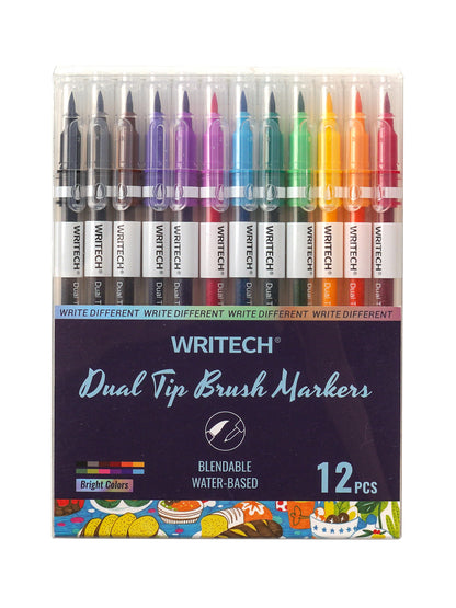 Dual Tip Brush Fineliner Markers 12pcs Set