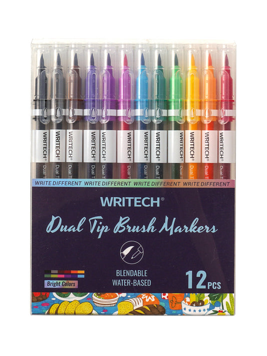 Dual Tip Brush Fineliner Markers 12pcs Set
