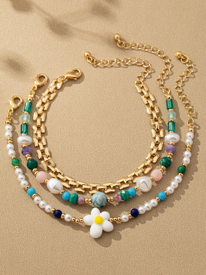 Bead, Flower, and Chain Bracelet Set