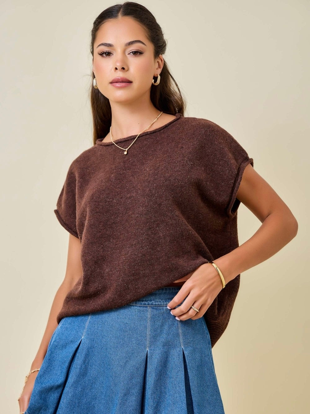 Spiced Rolled-Edge Knit Top