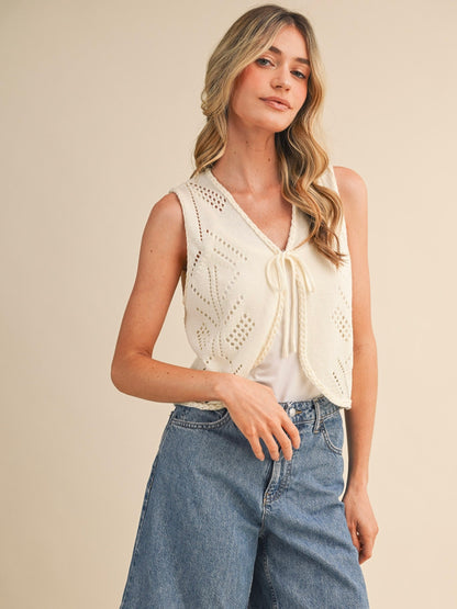 Vanilla Cream Pointelle Tie-Front Vest