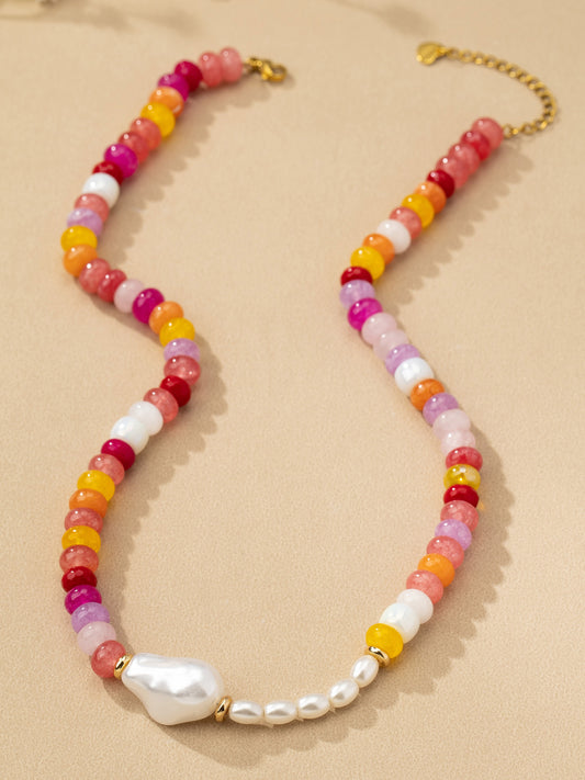 Pink Agate Bead and Pearl Necklace