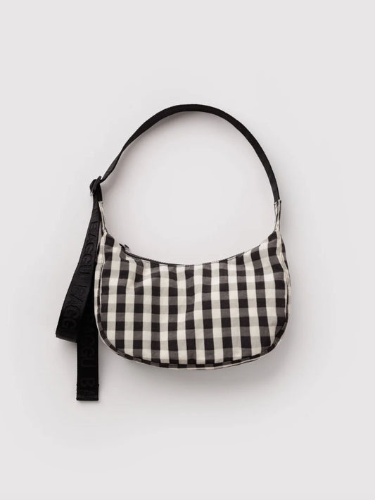 Black and Cream Gingham Small Nylon Crescent Bag