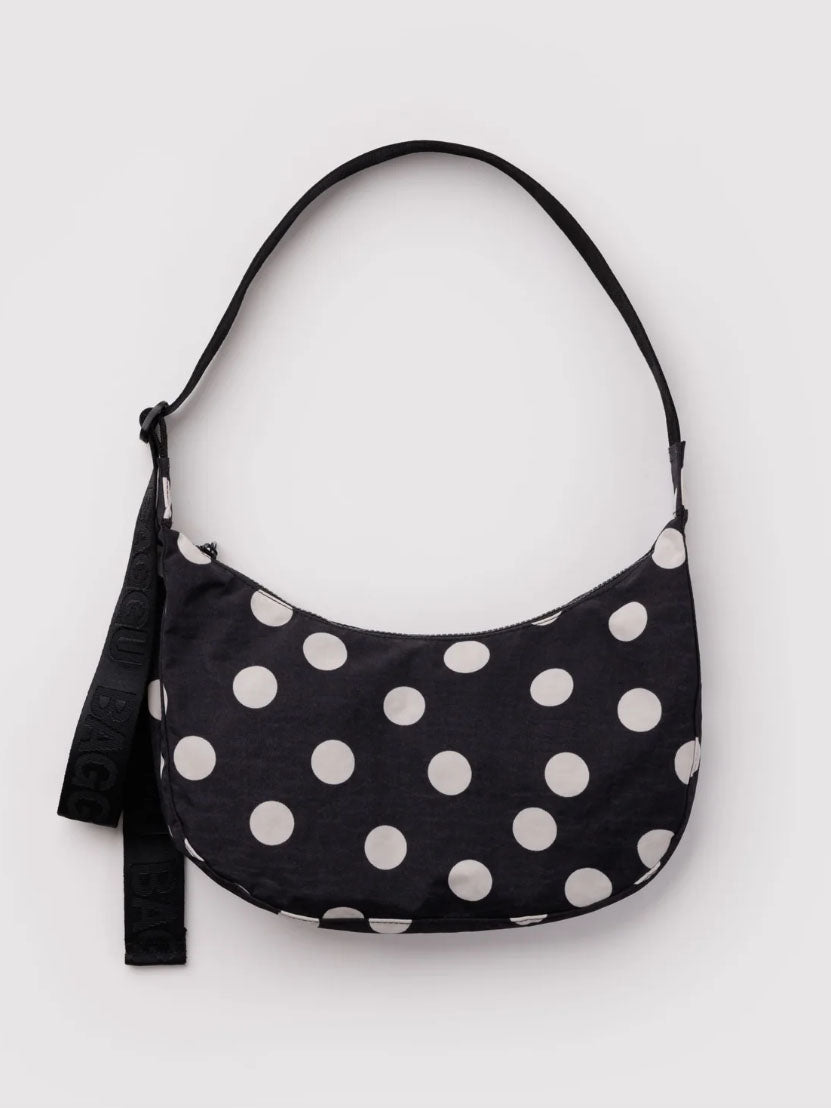 Black and Cream Polka Dot Medium Nylon Crescent Bag
