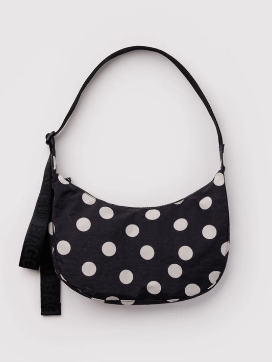 Black and Cream Polka Dot Medium Nylon Crescent Bag