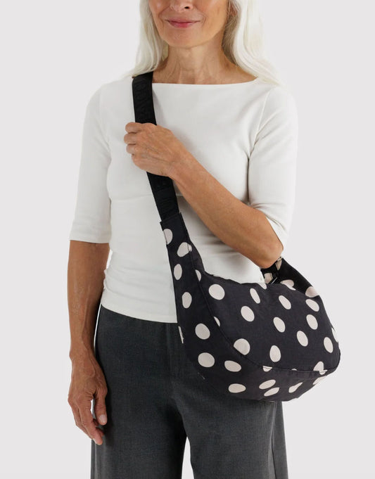 Black and Cream Polka Dot Medium Nylon Crescent Bag