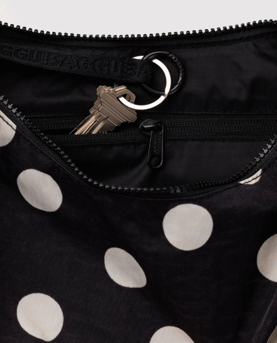 Black and Cream Polka Dot Medium Nylon Crescent Bag