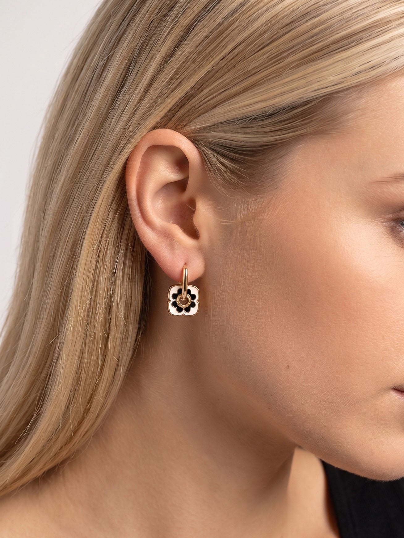 Black and White Flower Hoop Earrings