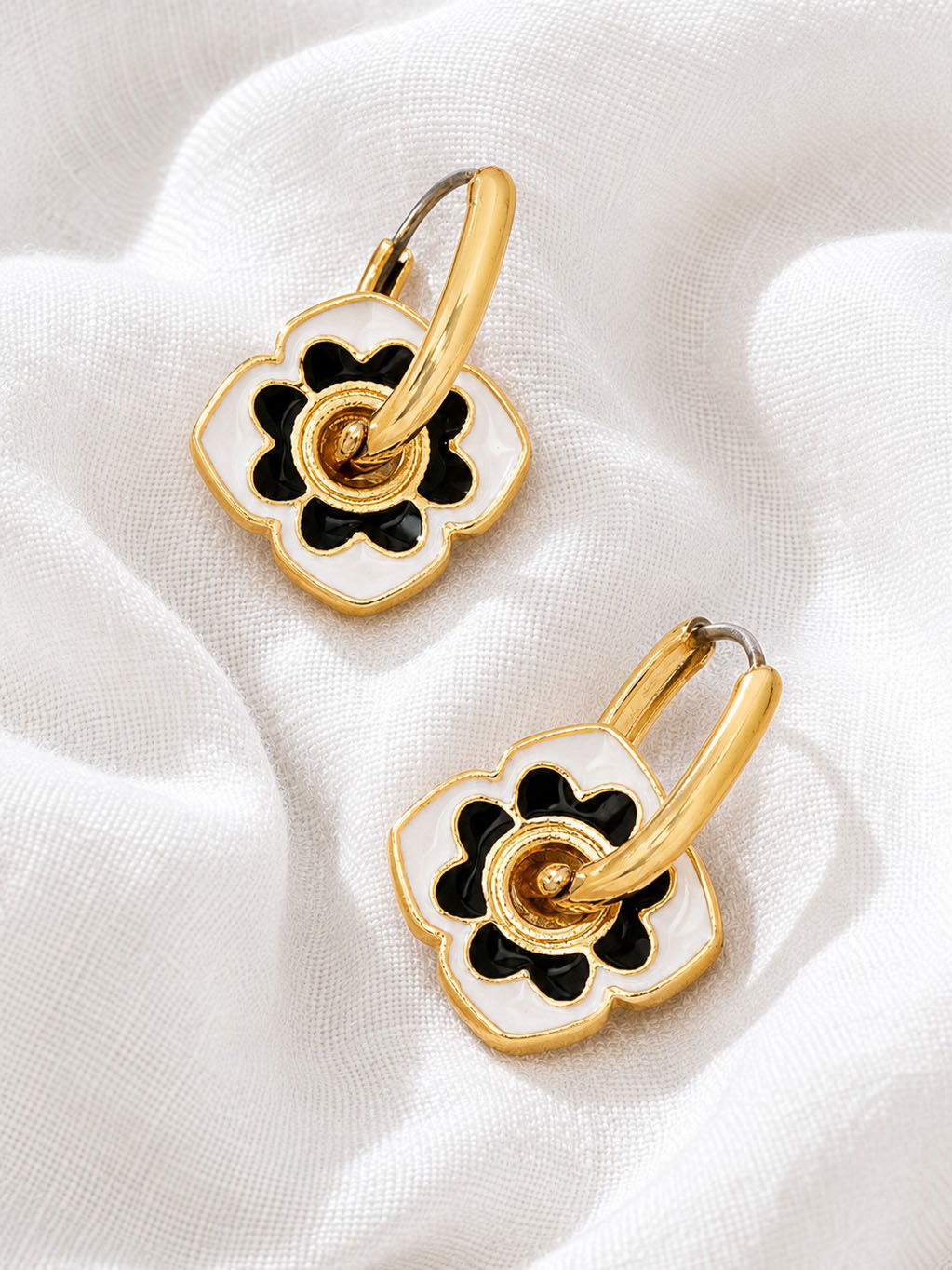 Black and White Flower Hoop Earrings
