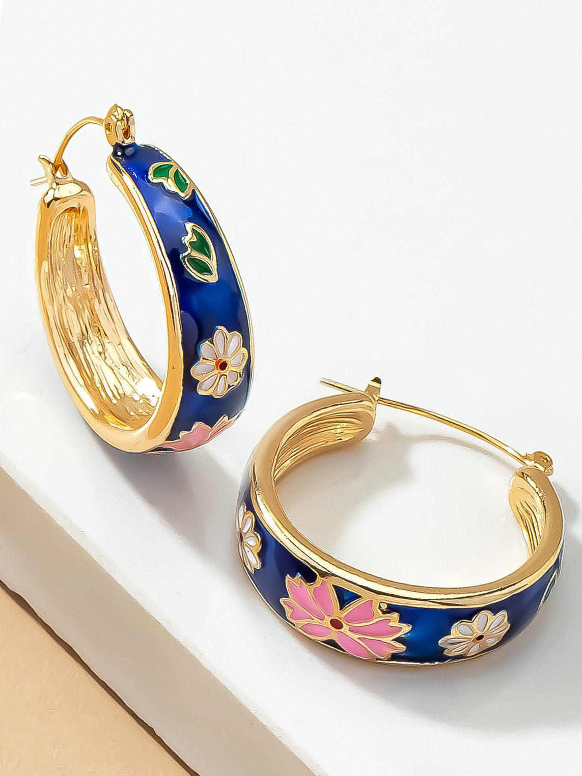 Blue Cloisonne Flower Hoop Earrings