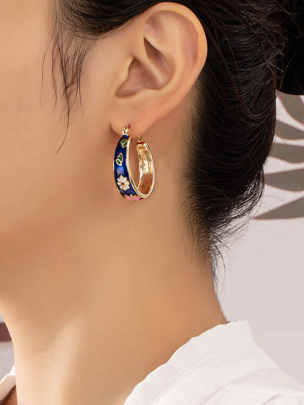 Blue Cloisonne Flower Hoop Earrings