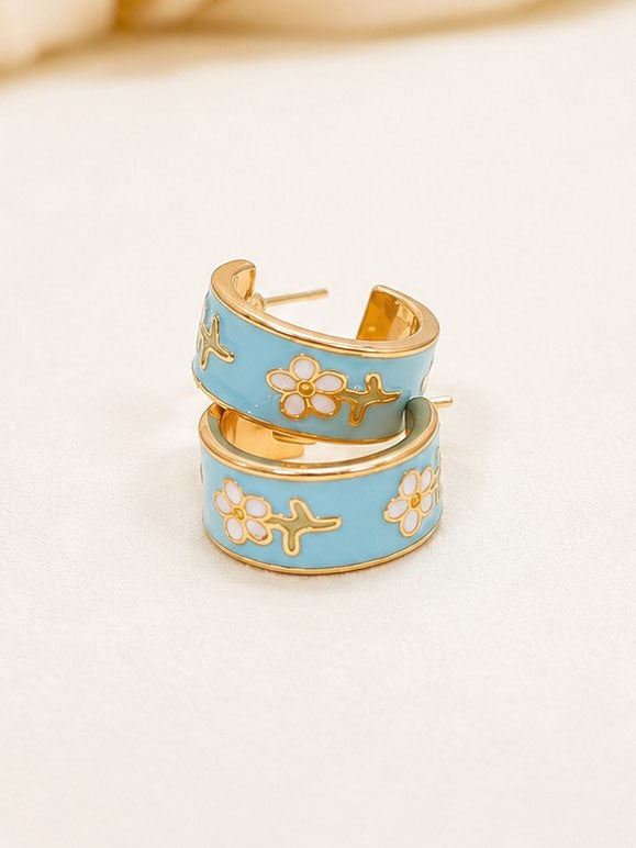 Blue Flower Huggie Earrings