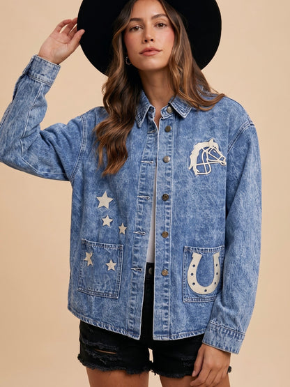 Horse Embroidery Washed Denim Shacket