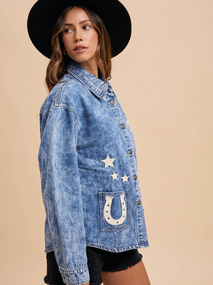 Horse Embroidery Washed Denim Shacket