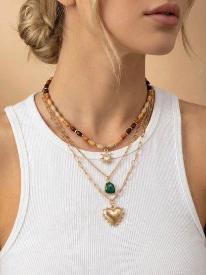 Layered Wood Bead Charm Necklace