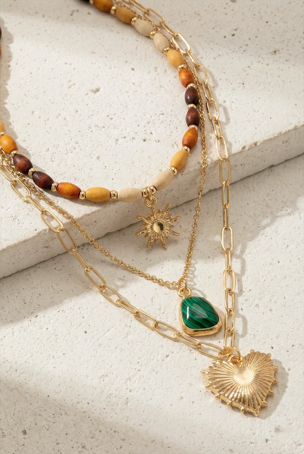 Layered Wood Bead Charm Necklace
