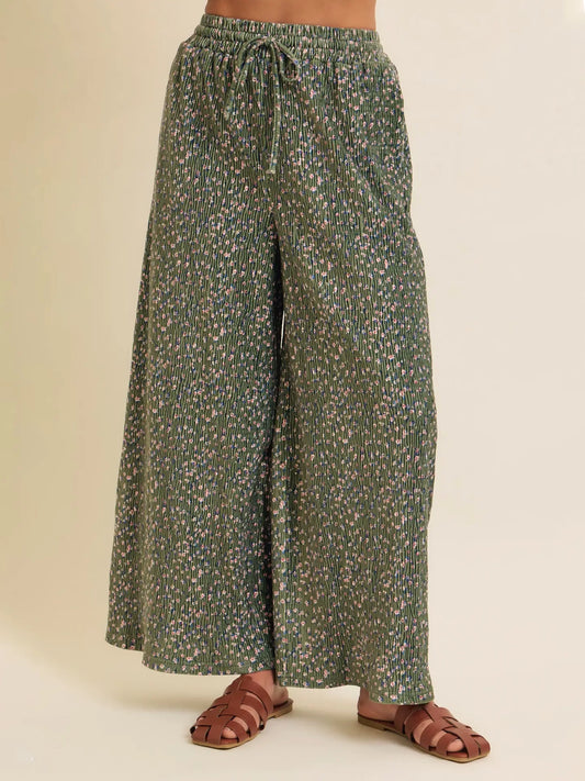 Olive Floral Pleated Pants