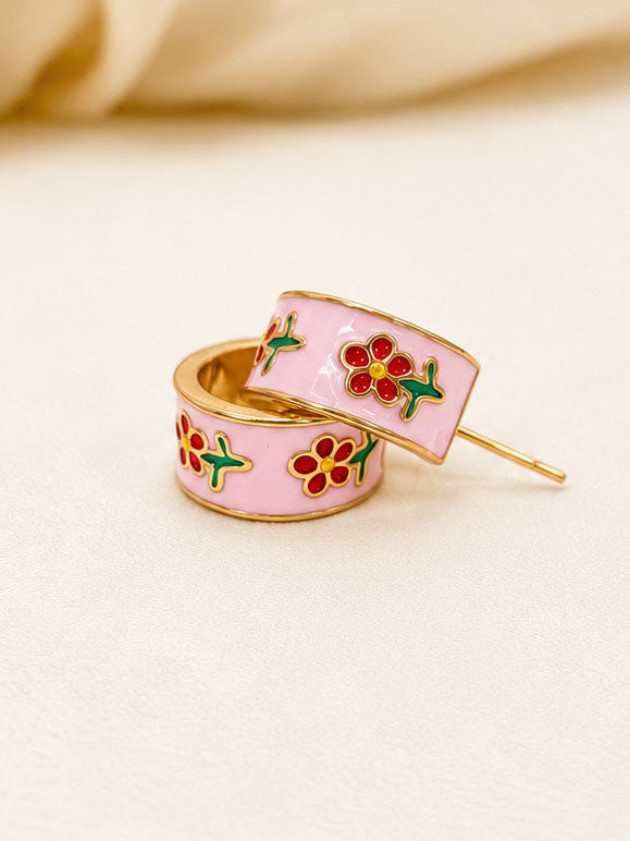 Pink Flower Huggie Earrings
