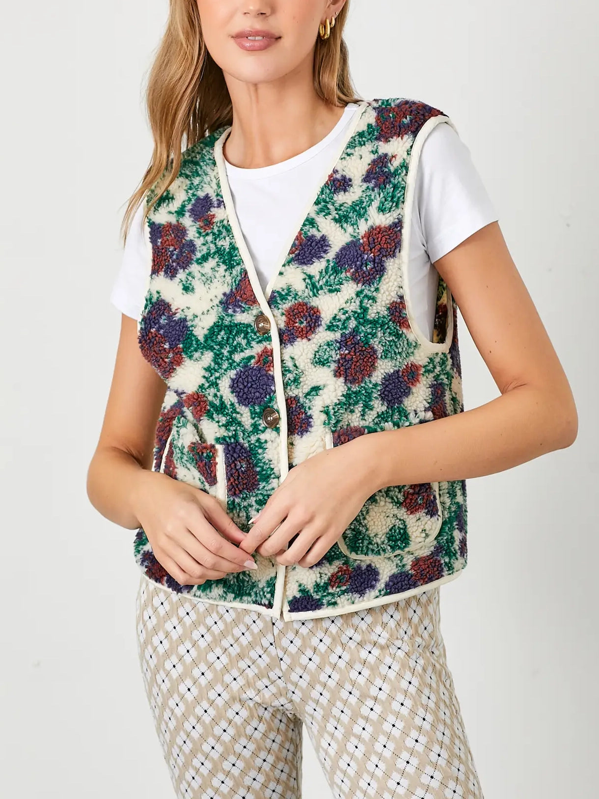 Poppy Sherpa Floral Button Vest