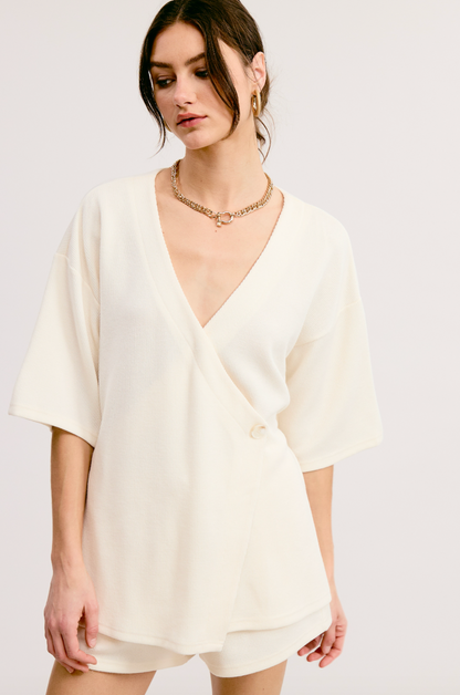 Ivory Knit Tunic Wrap Top and Shorts Set